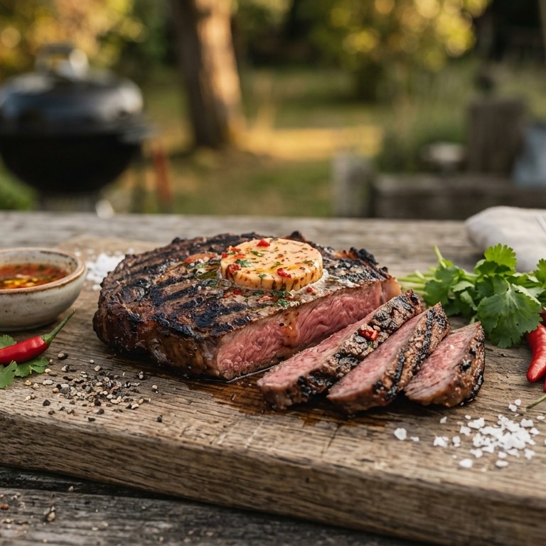 Gegrilde ribeye met rode peperboter