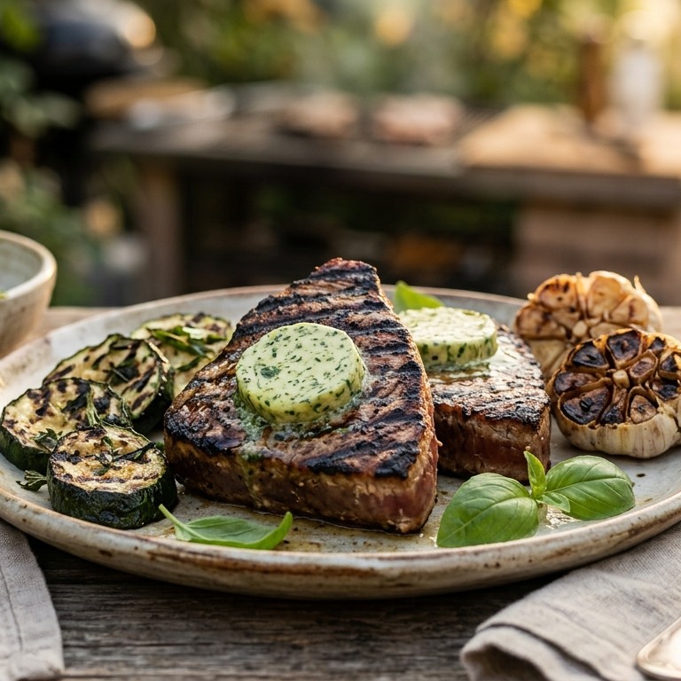 Gegrilde tonijn met basilicumboter en courgette