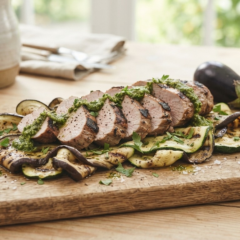 Gegrilde varkenshaas met aubergine en courgette
