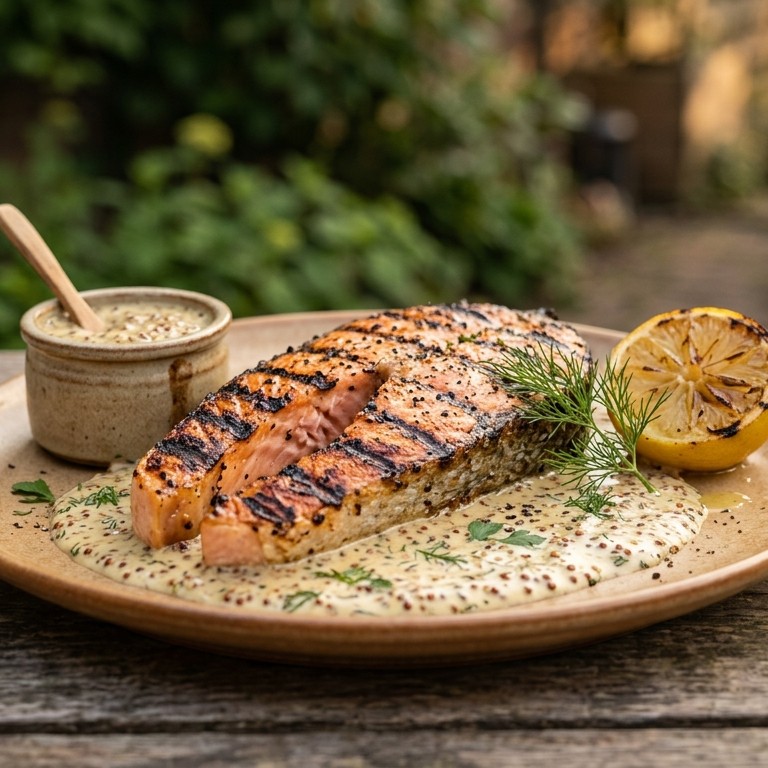 Gegrilde zalm met mosterdsaus
