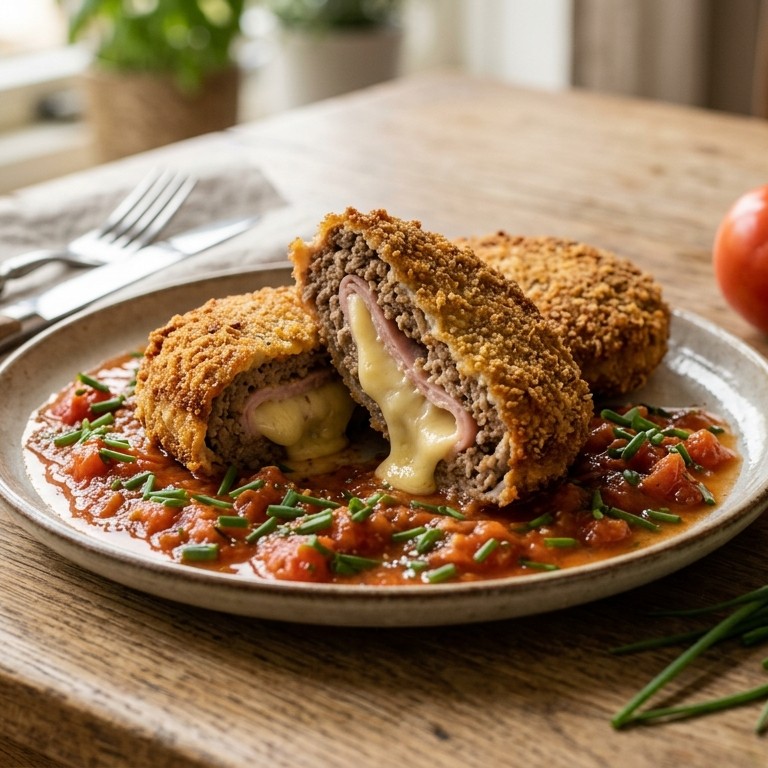 Gehakt-cordon bleu met tomaten-bieslooksaus