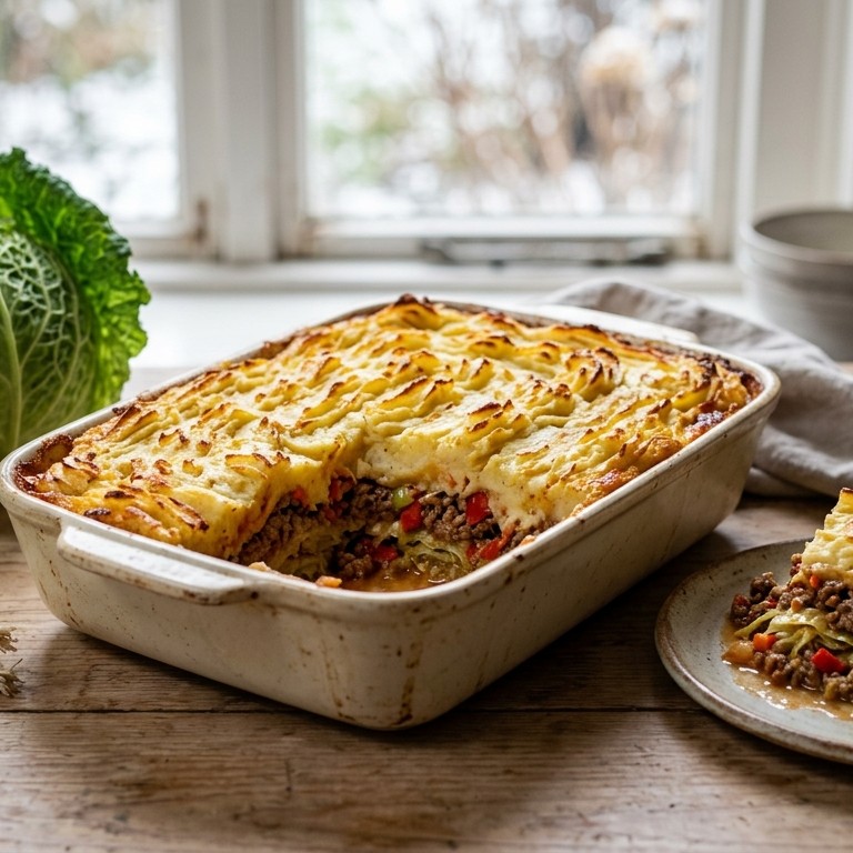 Gehakt-koolschotel met aardappelpuree