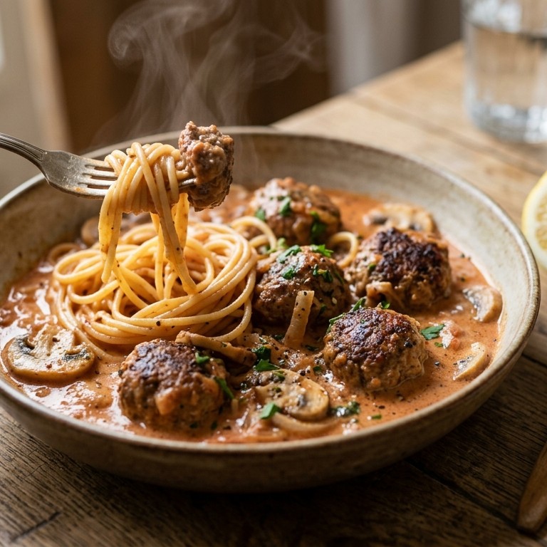 Gehaktballen in pikante roomsaus met spaghetti