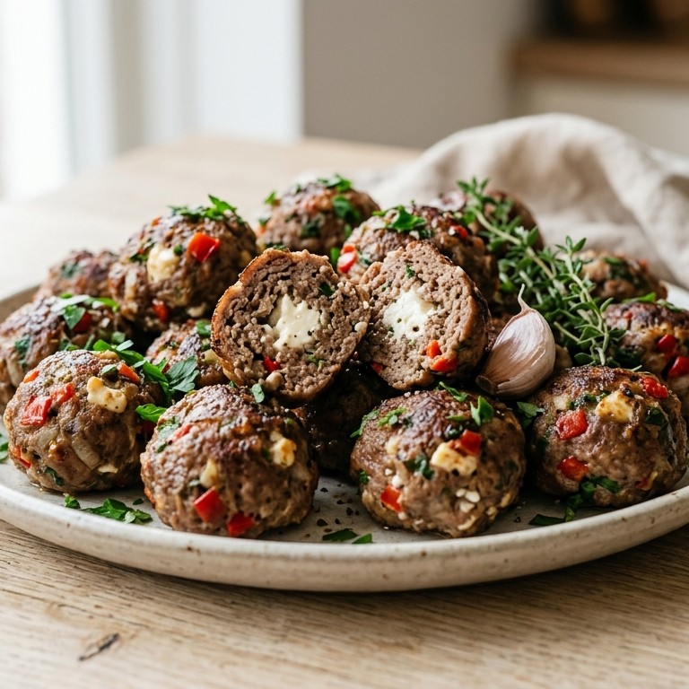 Gehaktballen met fijne kruiden, ui, paprika en feta