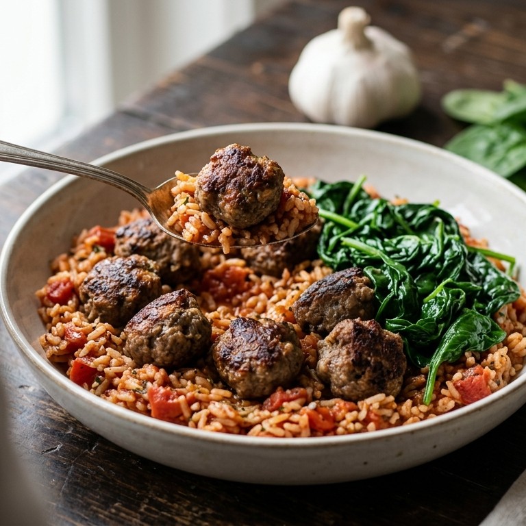 Gehaktballen met tomatenrijst en spinazie