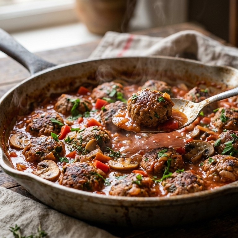 Gehaktballetjes in tomatensaus met champignons en paprika