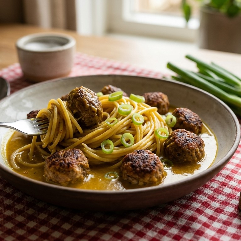 Gehaktballetjes met spaghetti en kerriesaus