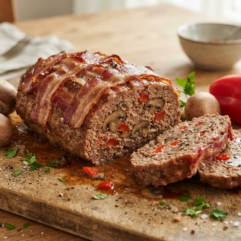 Gehaktbrood met champignons en paprika