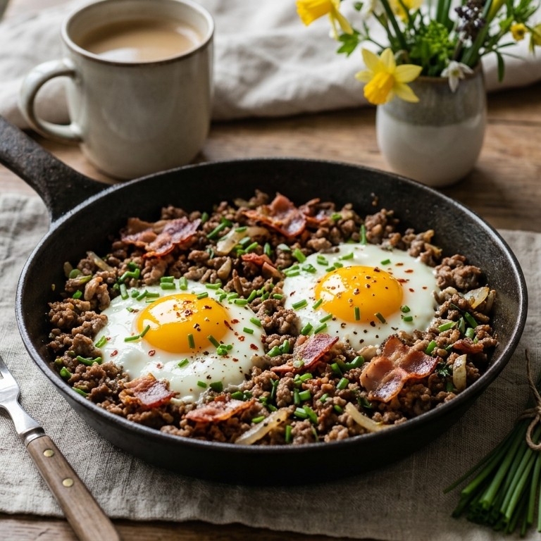 Gehaktpannetje met spiegelei en spek