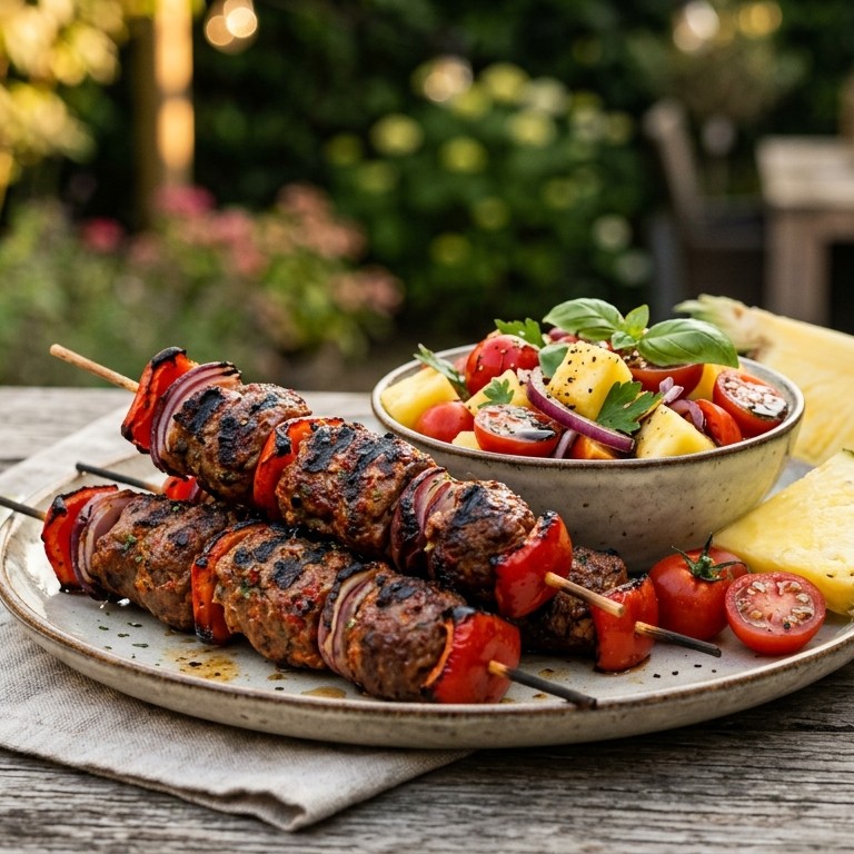 Gehaktspies met paprika en tomaten-ananassalade