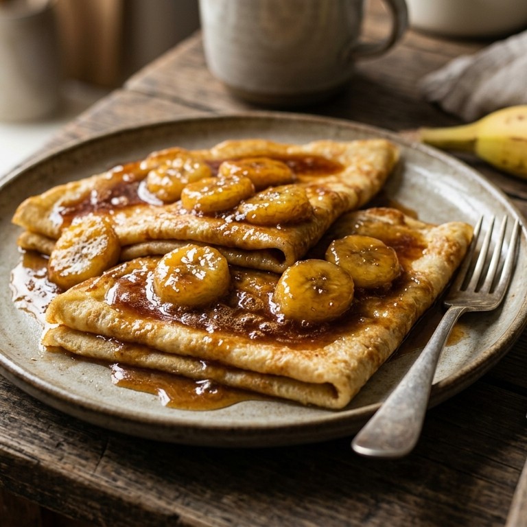 Gekarameliseerde pannenkoeken met banaan