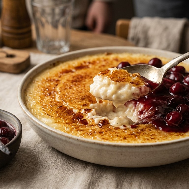 Gekaramelliseerde rijstpudding met kersensaus voor buffet