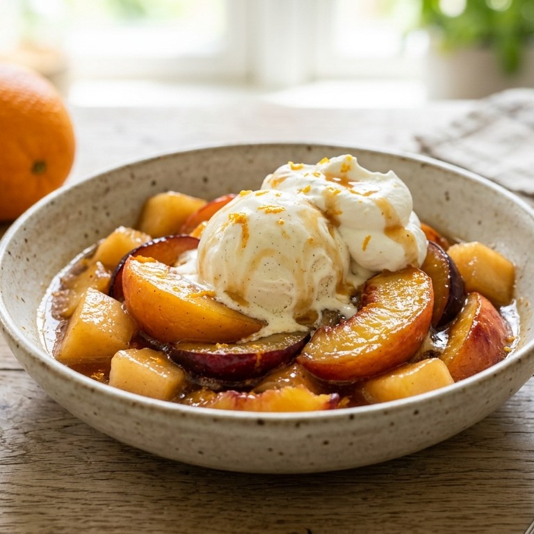 Gekarmalliseerd fruit met ijs en slagroom