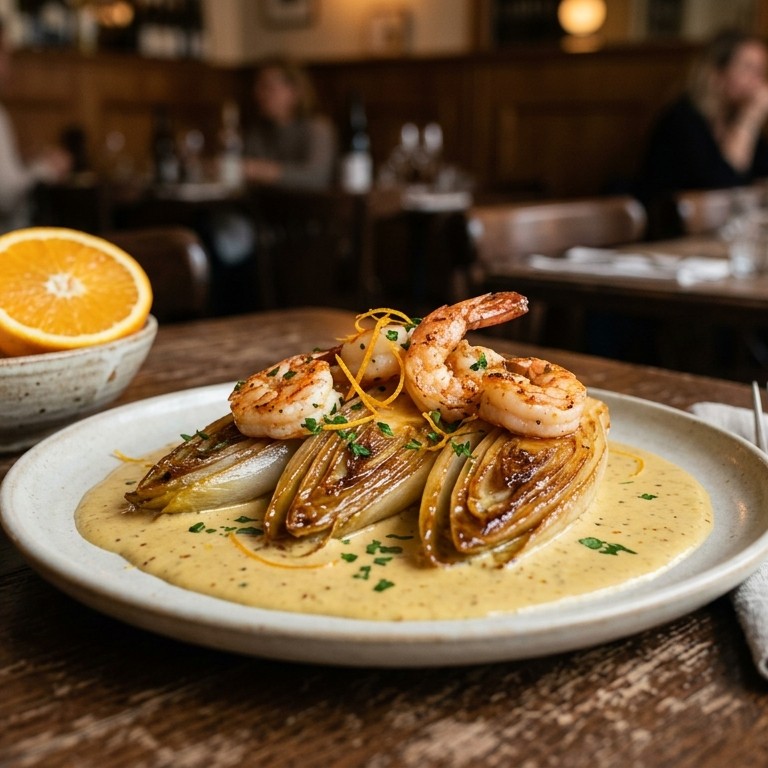 Gekonfijt witlof met scampi