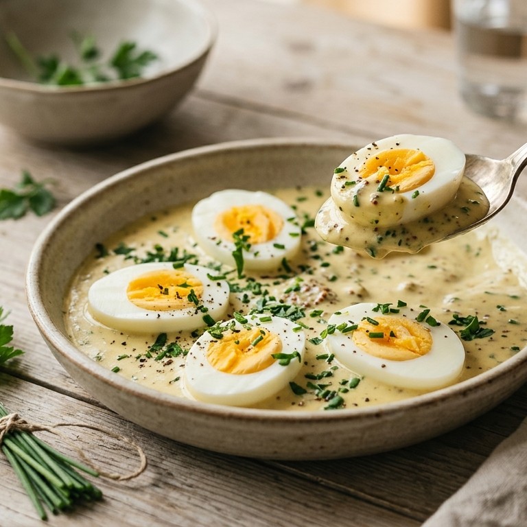 Gekookte eieren met mosterdsaus