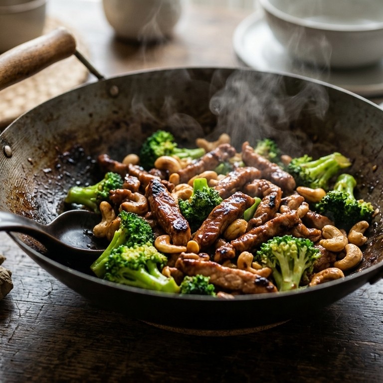 Gemarineerd varkensvlees met broccoli en cashewnoten