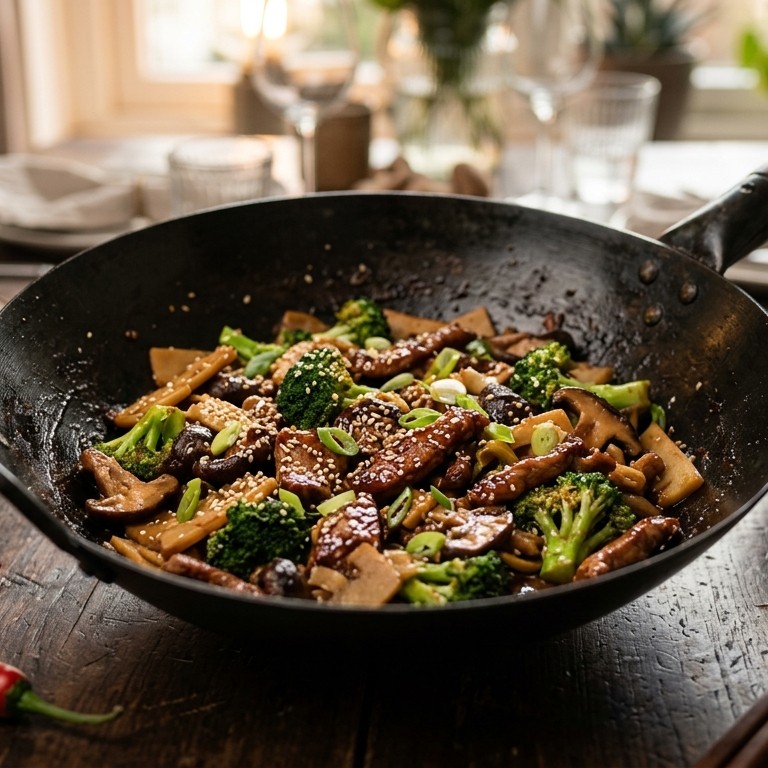 Gemarineerd varkensvlees uit de wok met broccoli en shiitake