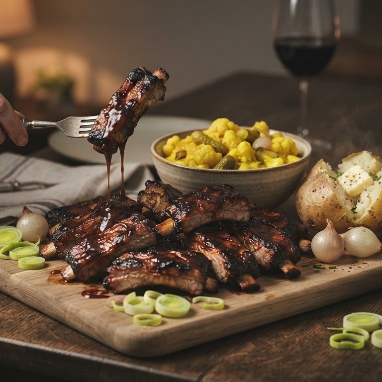 gemarineerde spare-ribs met piccalilly, prei en zilveruitjes