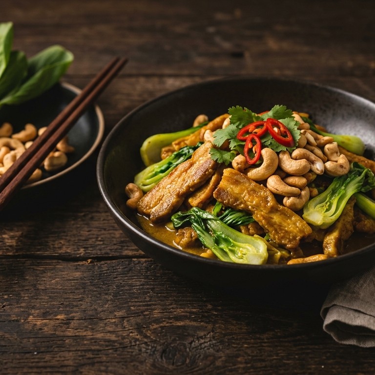Gemarineerde speklapjes uit de wok met kerrie-paksoi en cashewnoten