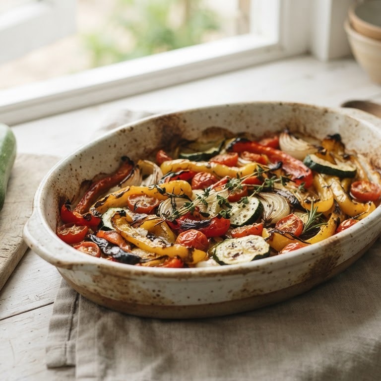 Gemengde groente uit de oven met paprika, courgette, knoflook en cherrytomaatjes