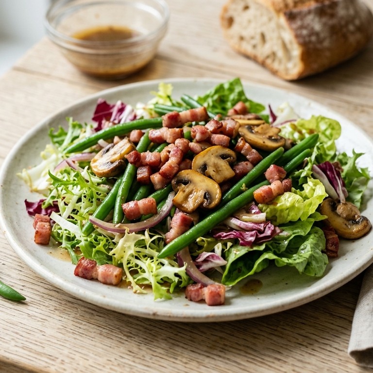 Gemenge salade met spek, boontjes en champignons