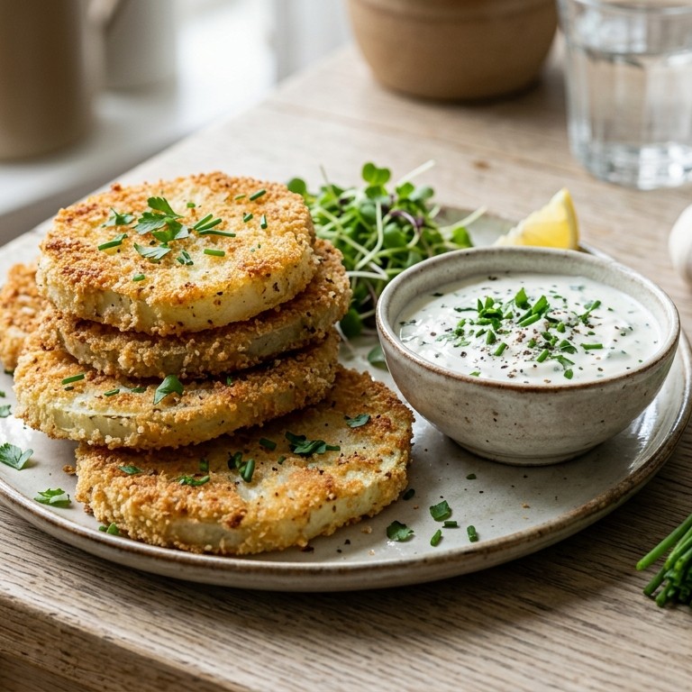 Gepaneerde koolrabi met kruidensaus