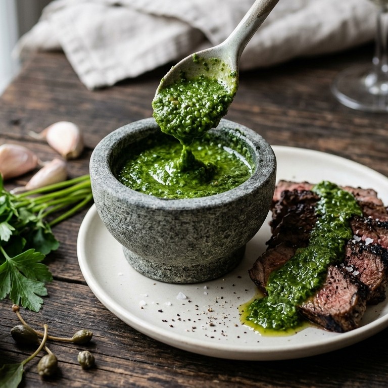 Gepureerde groene saus van knoflook, kappertjes en peterselie