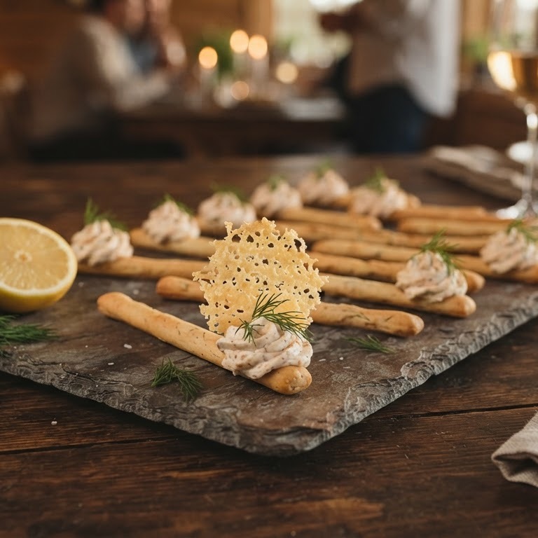 Gerookte forelmayonaise op grissini's met kaaskletskop