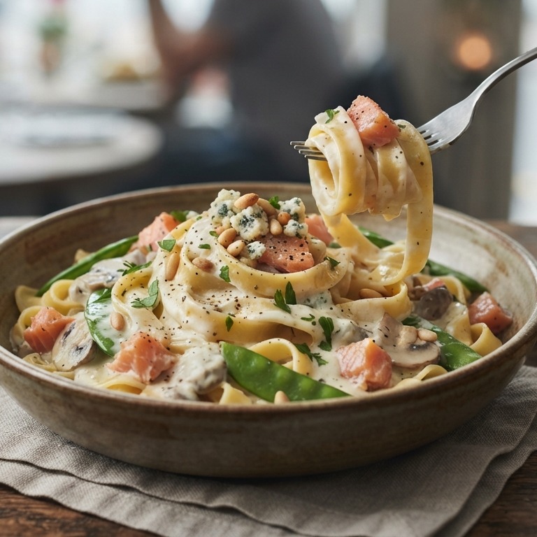 Gerookte zalmsnippers met tagliatelle in een Danish Blue créme saus