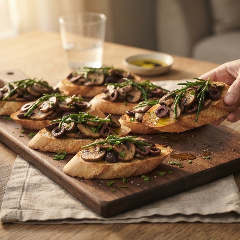 Geroosterd stokbrood met champignons, olijven en zeekraal