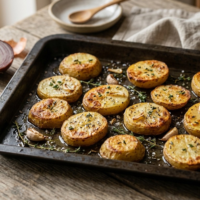 Geroosterde aardappelschijven met tijm en knoflook