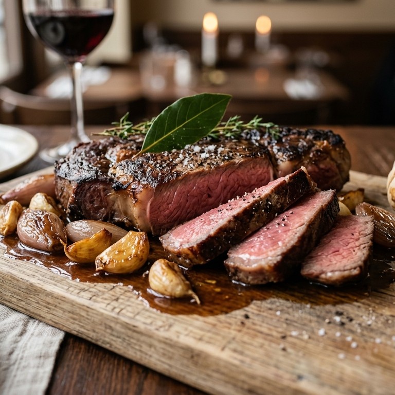 Geroosterde knoflook en sjalot met entrecote