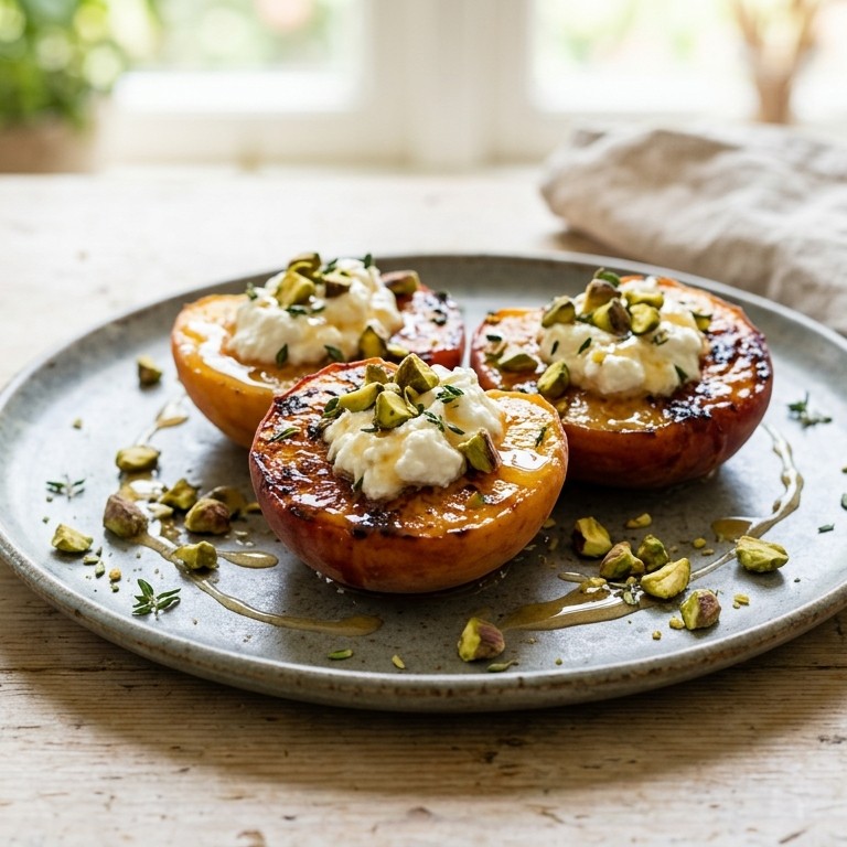 Geroosterde perziken met ricotta, pistachenoten en honing