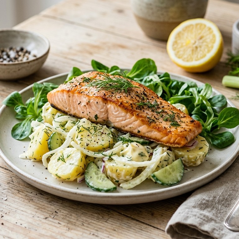 Geroosterde zalm op aardappelsalade