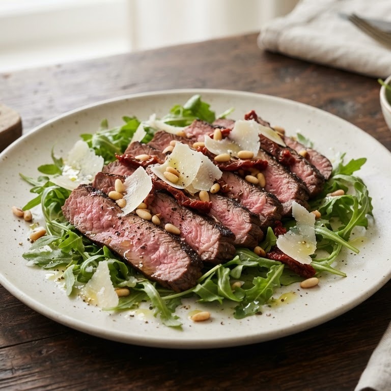 Gesneden biefstuk met rucola en parmezaan
