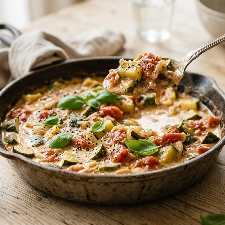 Gestoofde courgette, tomaat en basilicum