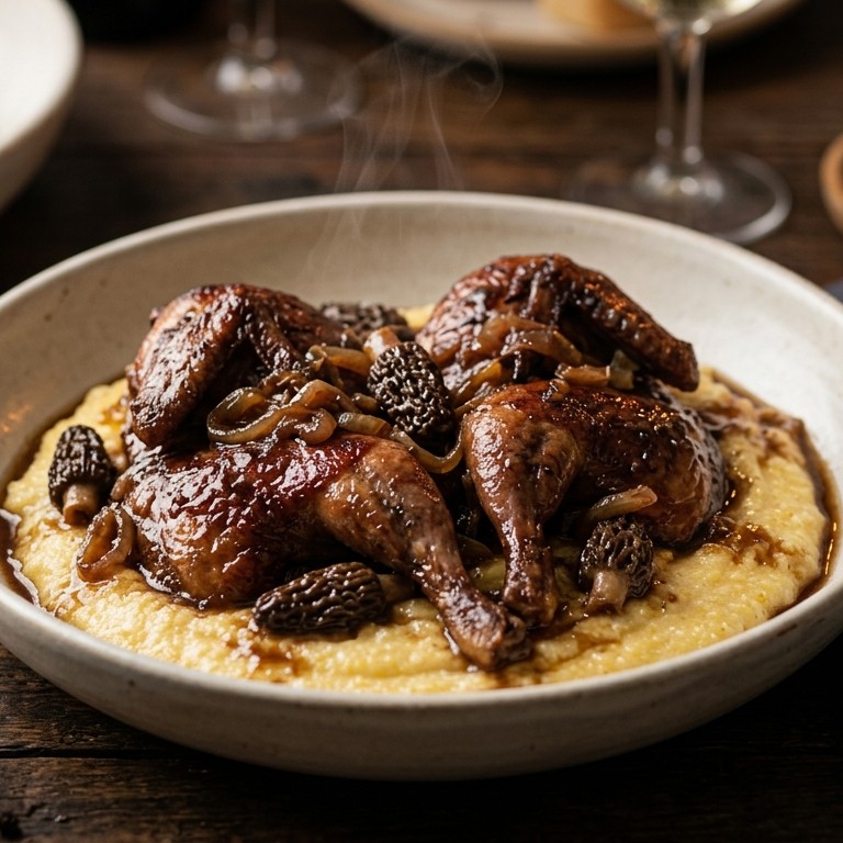 Gestoofde duif met morieltjes en polenta