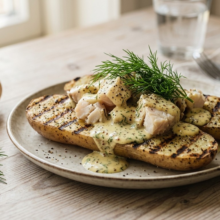 Gestoofde nijlbaars op gegrilde roseval aardappel