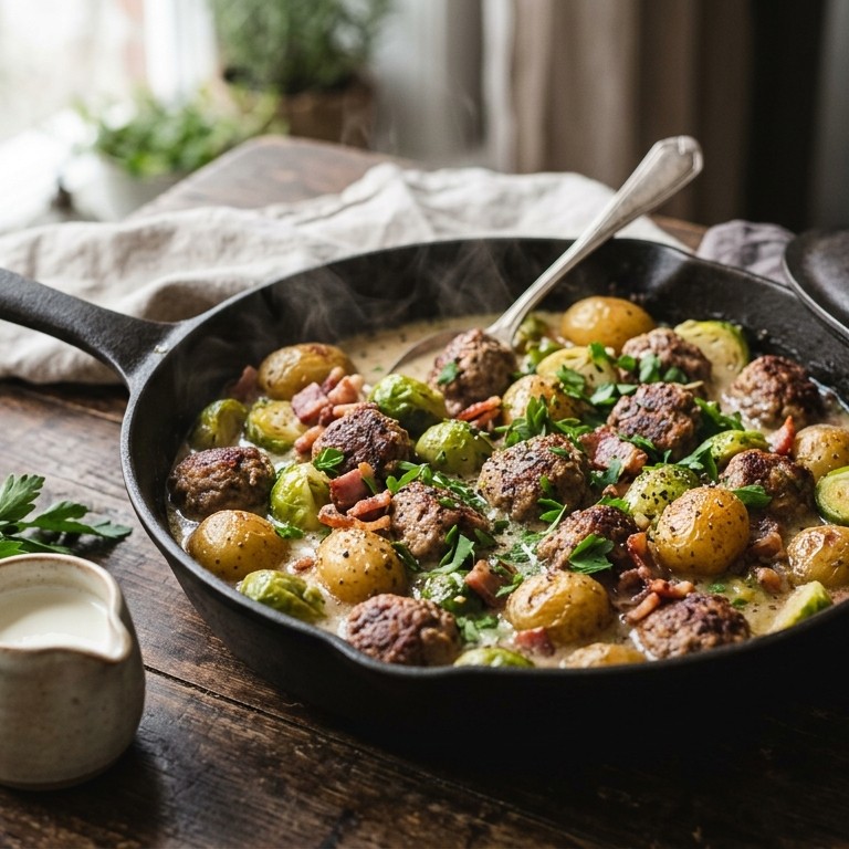 Gestoofde spruitjes met gehakt en krieltjes