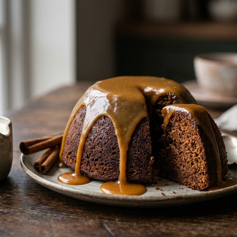 Gestoomde kaneelpudding met karamelsaus