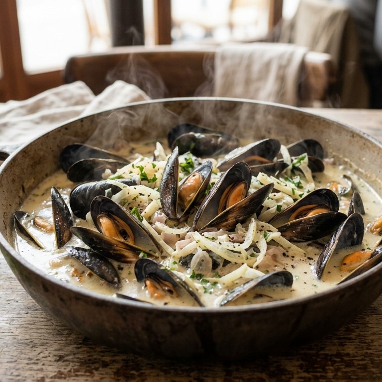 Gestoomde mosselen met sjalotjes, venkel en creme fraiche