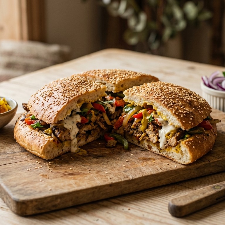 Gevuld brood met shoarma-groenteschotel