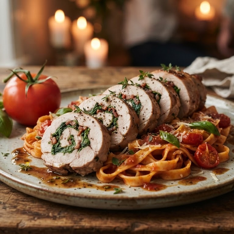 Gevuld konijn met pasta en tomaat