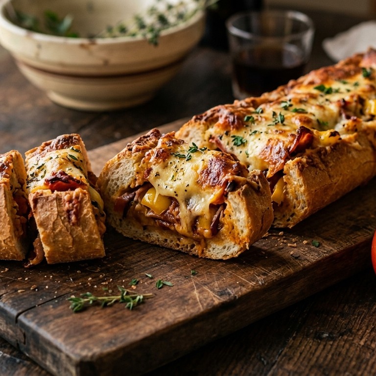 Gevuld stokbrood (kaas, bacon, tomaat, uitjes en paprika)