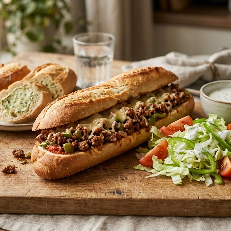 Gevuld stokbrood met gehakt en ijsbergsla
