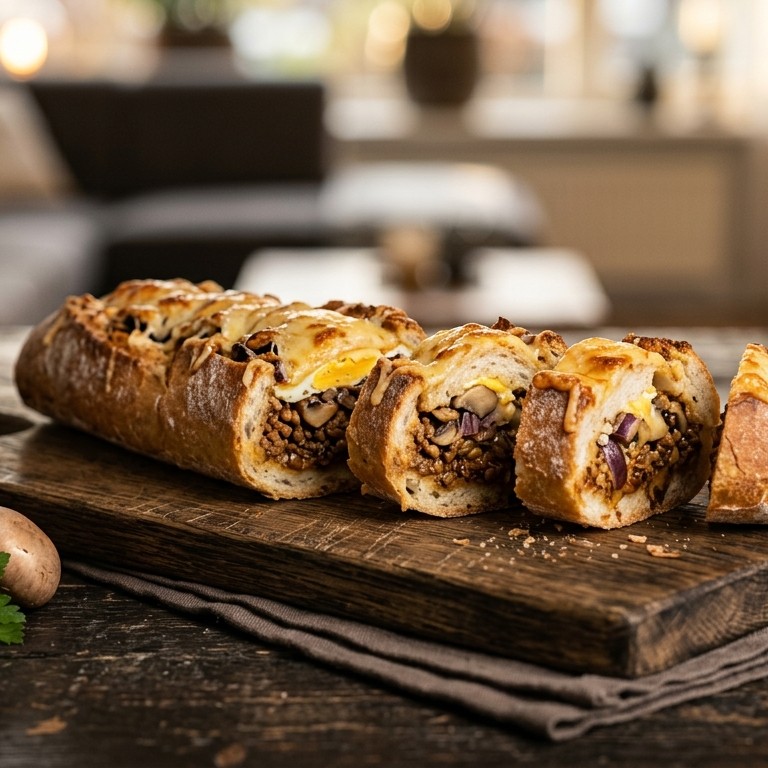 Gevuld stokbrood (met gehakt, kaas, champions, uitjes en kruiden)