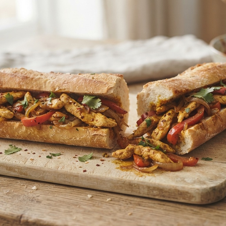 Gevuld stokbrood met hete kip, uitjes en paprika