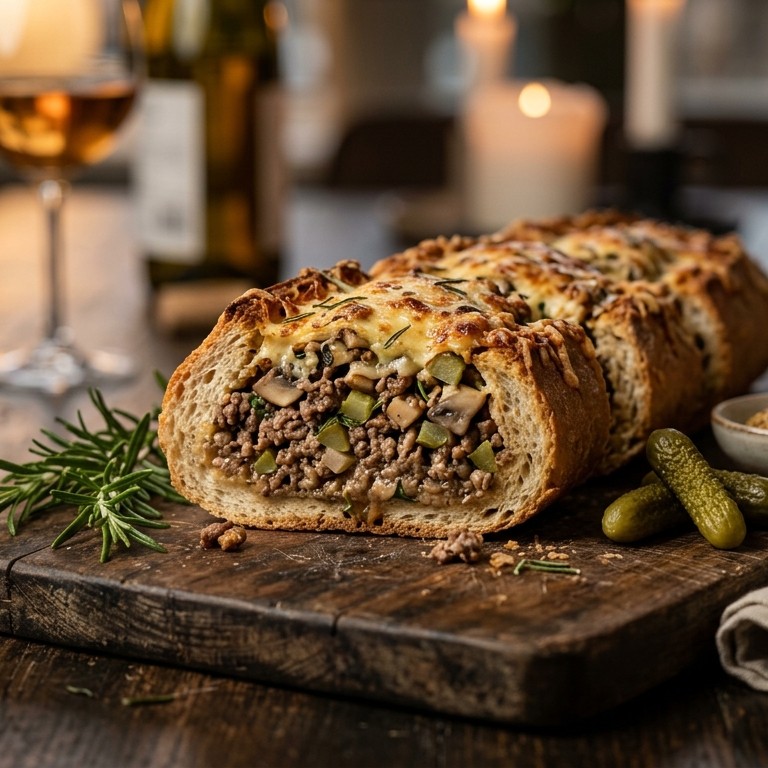 Gevuld stokbrood met rundergehakt, champignons en belegen kaas
