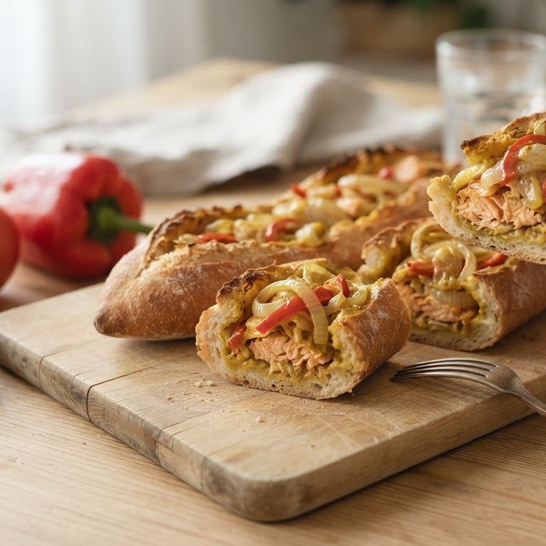 Gevuld stokbrood (met zalm, uitjes en paprika)