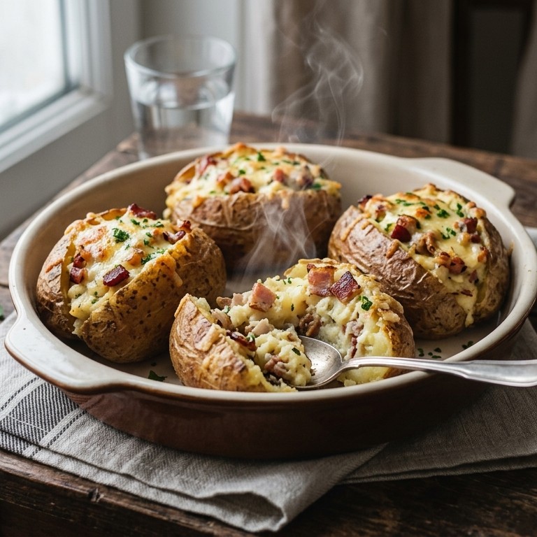 Gevulde aardappel met stukjes spek